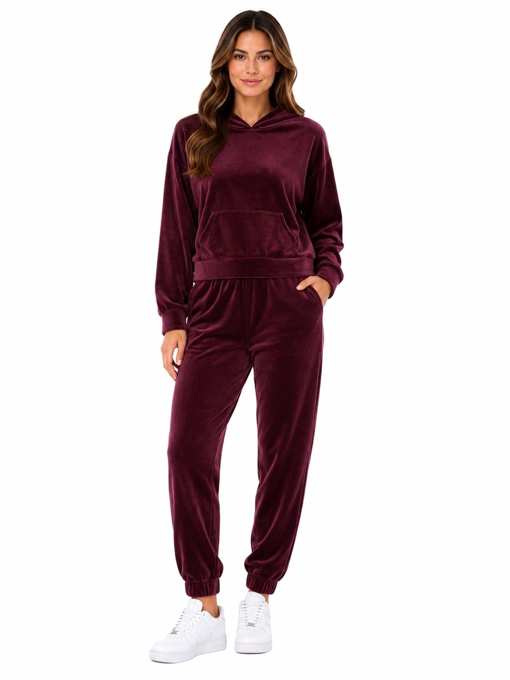 Express Velour 2 Piece Lounge Set Burgundy Hoodie Jogger Pants‎ SZ L Athleisure